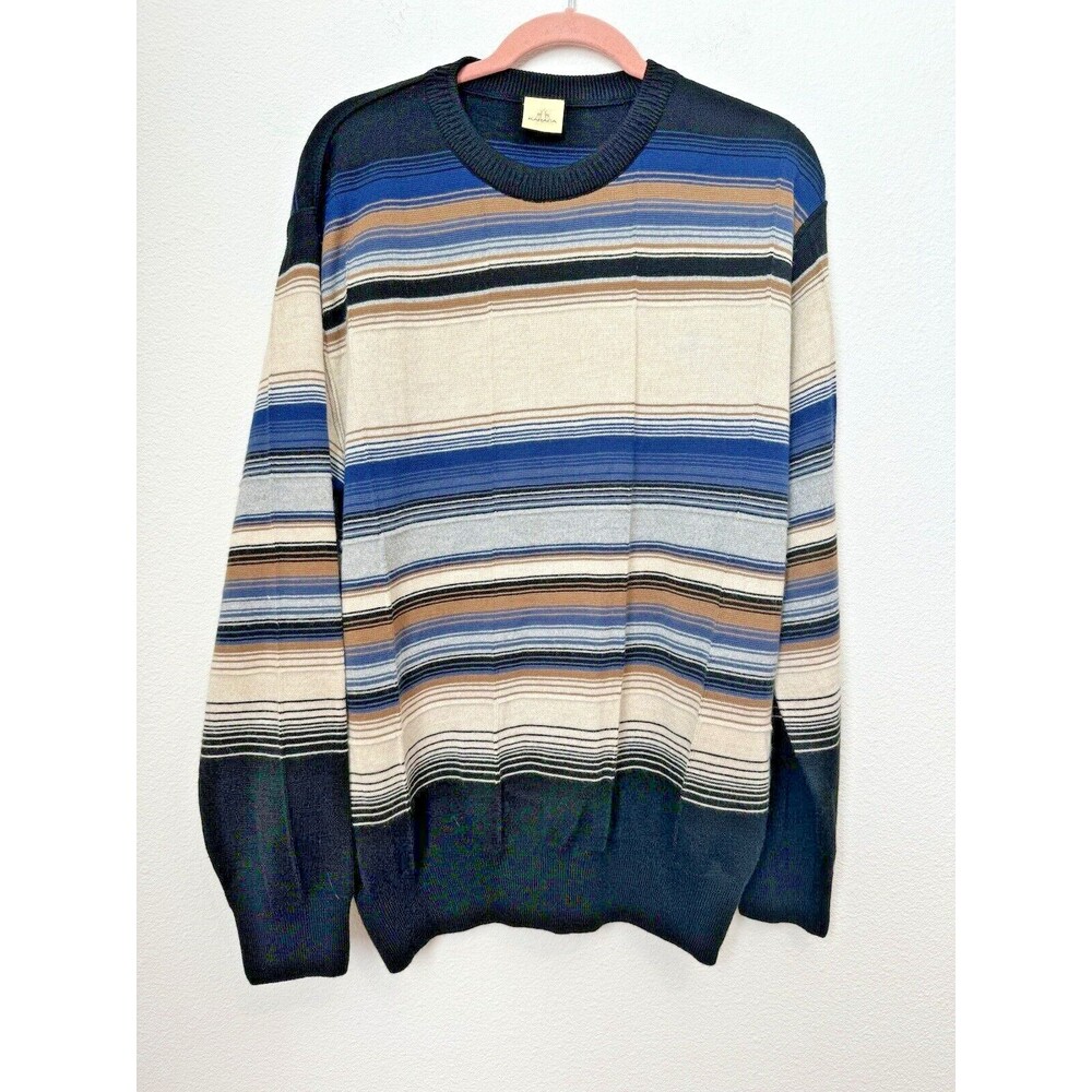 Karaca Men's Knit Sweater Blue Brown Striped Crewneck Wool Blend Size Large